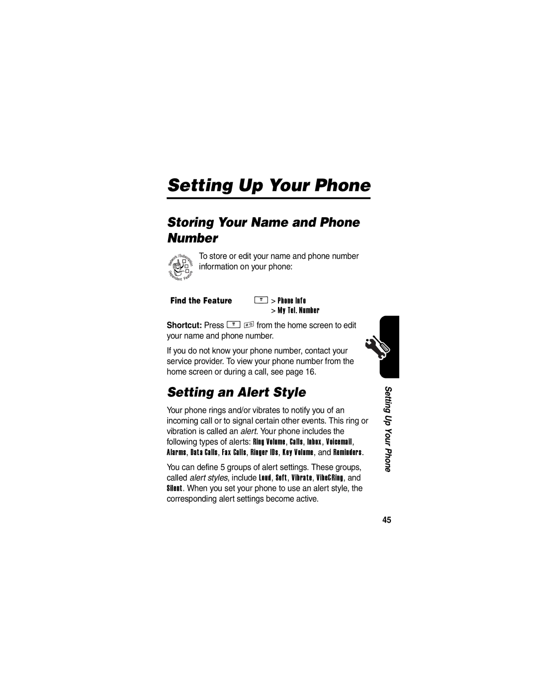 Motorola V260/V262 manual Setting Up Your Phone, Storing Your Name and Phone Number, Setting an Alert Style 