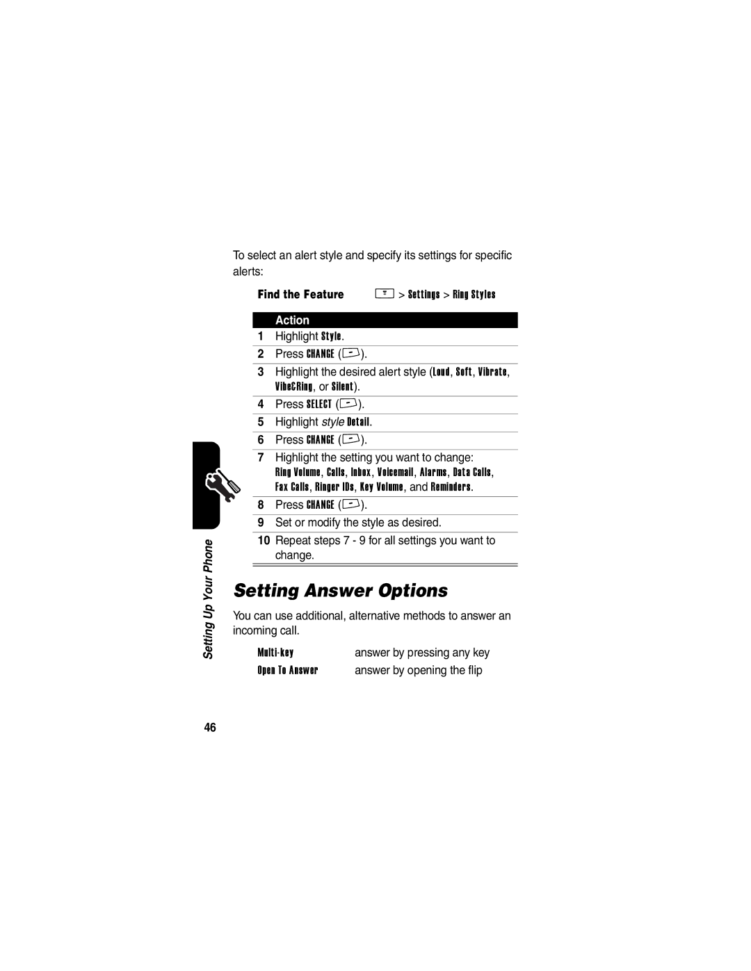 Motorola V260/V262 manual Setting Answer Options 