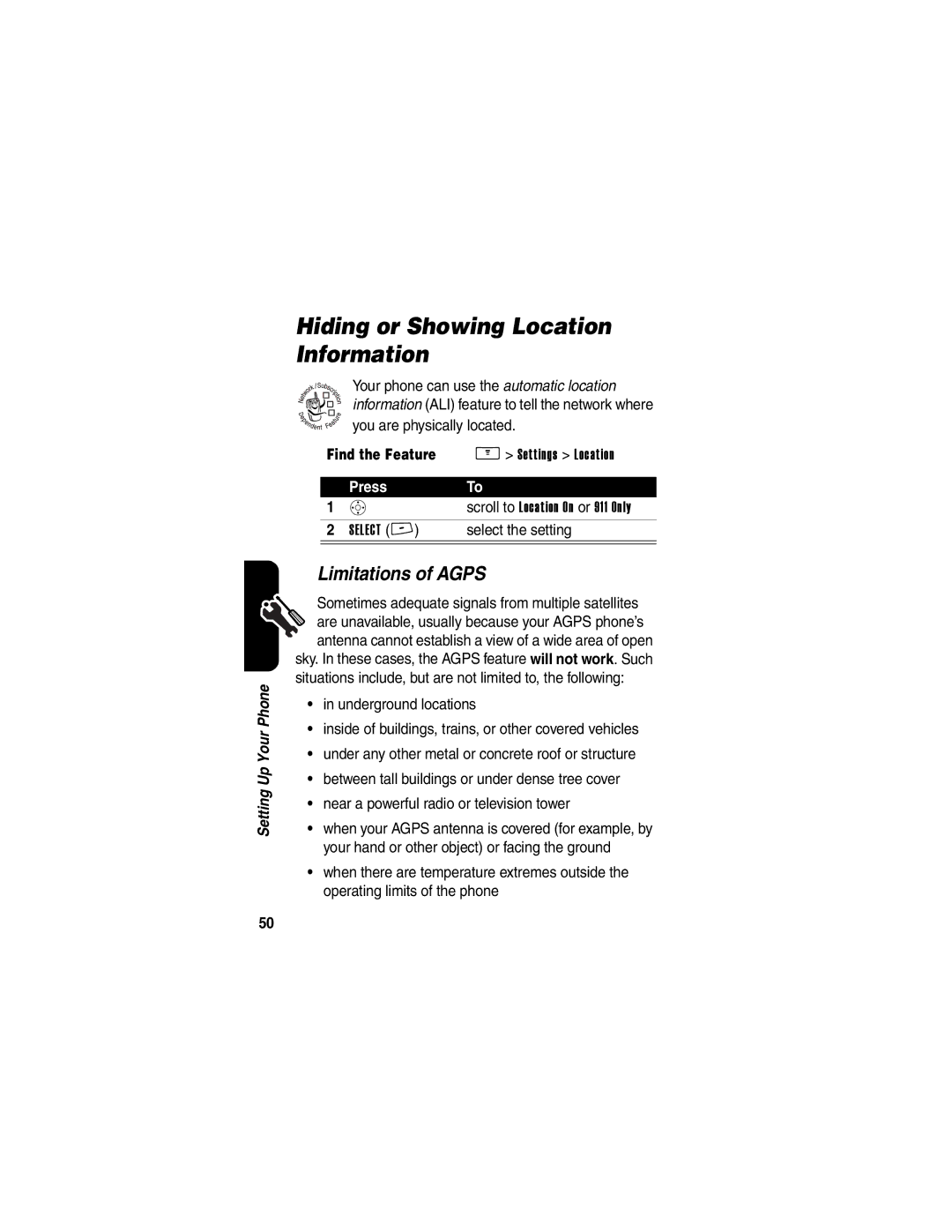 Motorola V260/V262 manual Hiding or Showing Location Information, Limitations of Agps, Select the setting 