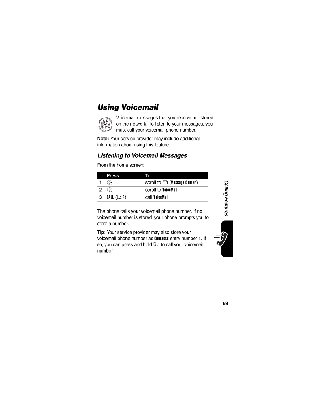 Motorola V260/V262 manual Using Voicemail, Listening to Voicemail Messages, From the home screen, Scroll to VoiceMail 