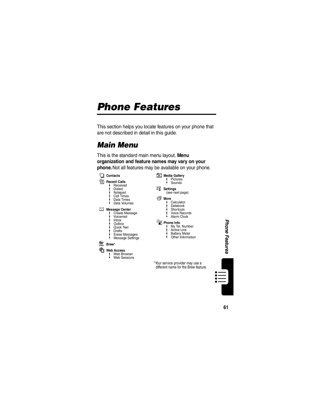 Motorola V260/V262 manual Phone Features, Main Menu 