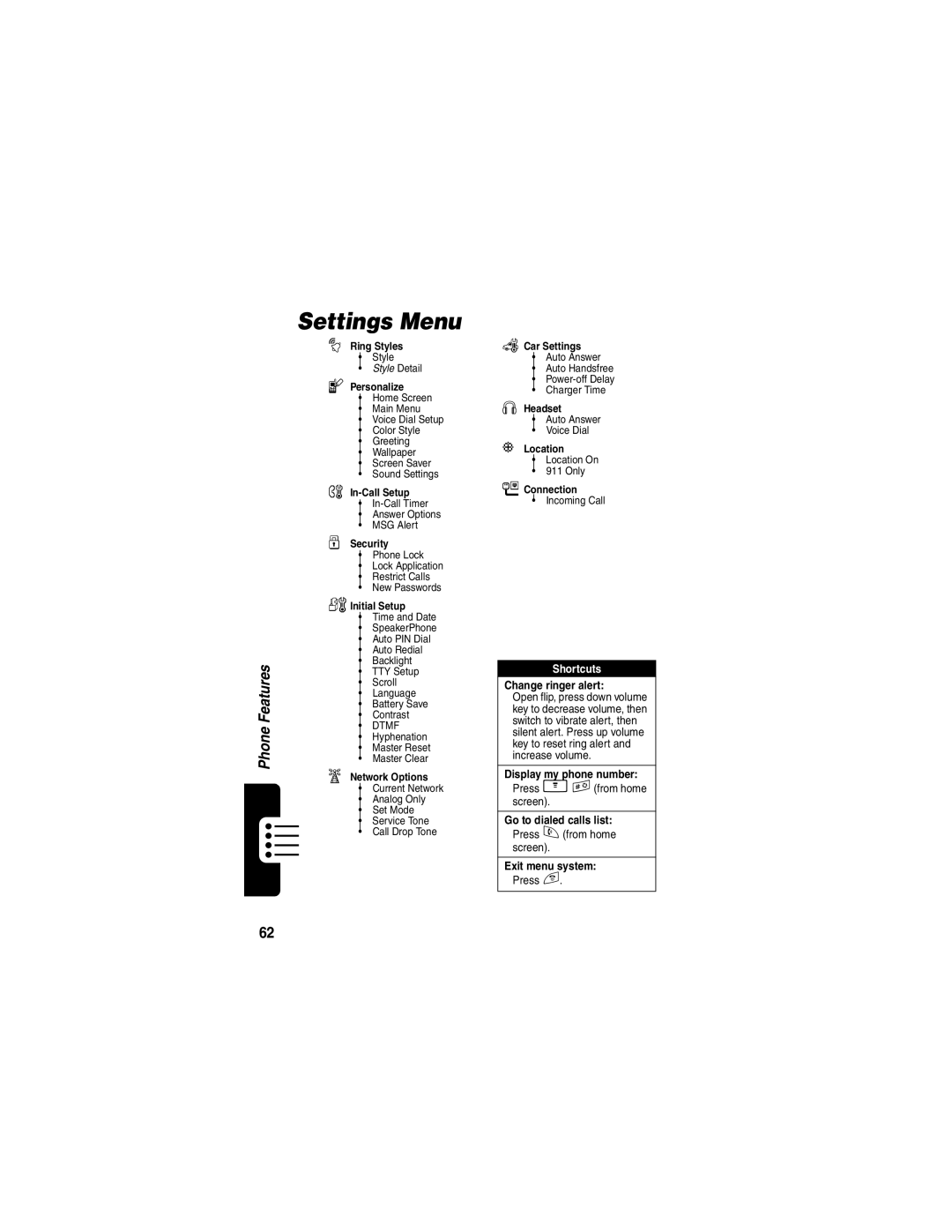 Motorola V260/V262 manual Settings Menu, Personalize 