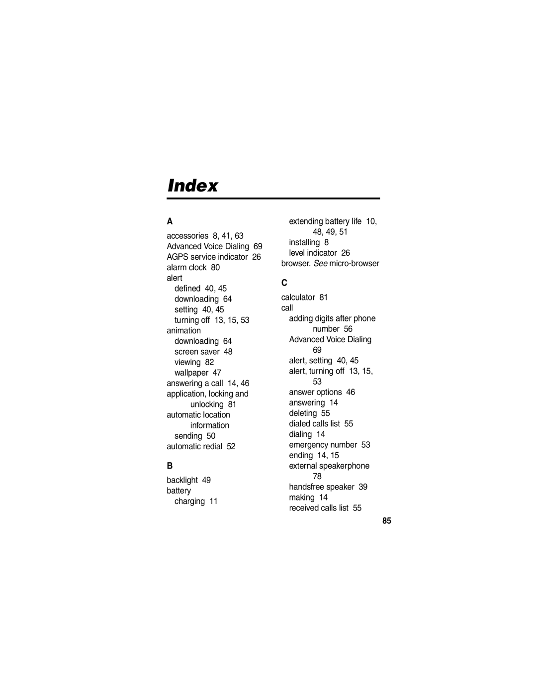 Motorola V260/V262 manual Index, Unlocking, Calculator 81 call Adding digits after phone 