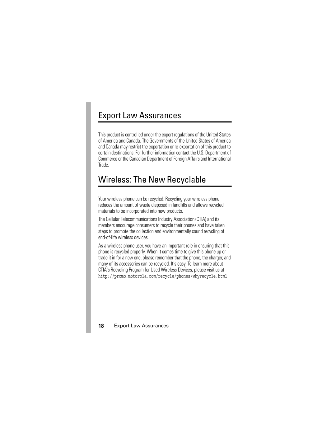 Motorola V265 manual Export Law Assurances 