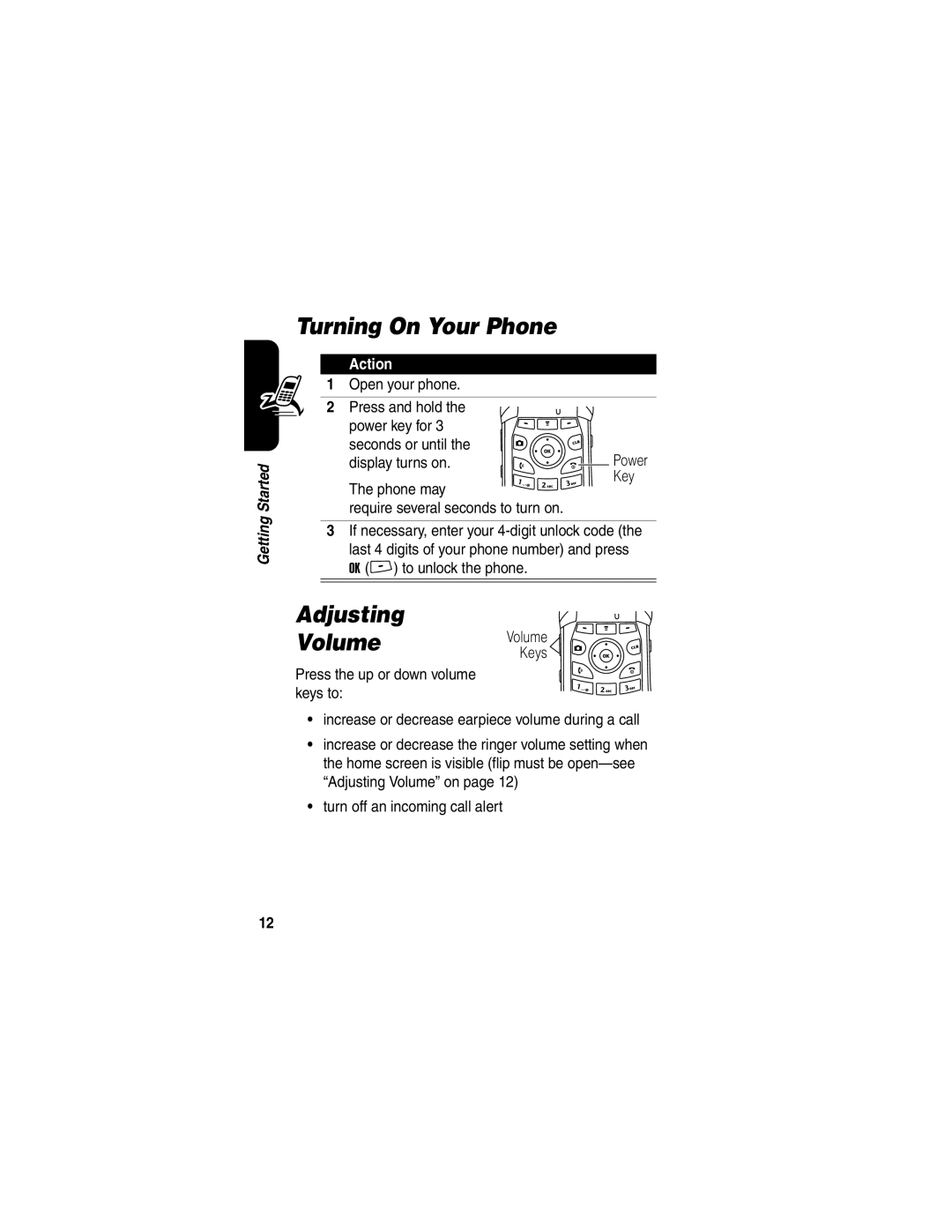 Motorola V265 manual Turning On Your Phone, Adjusting Volume Volume, Display turns on 