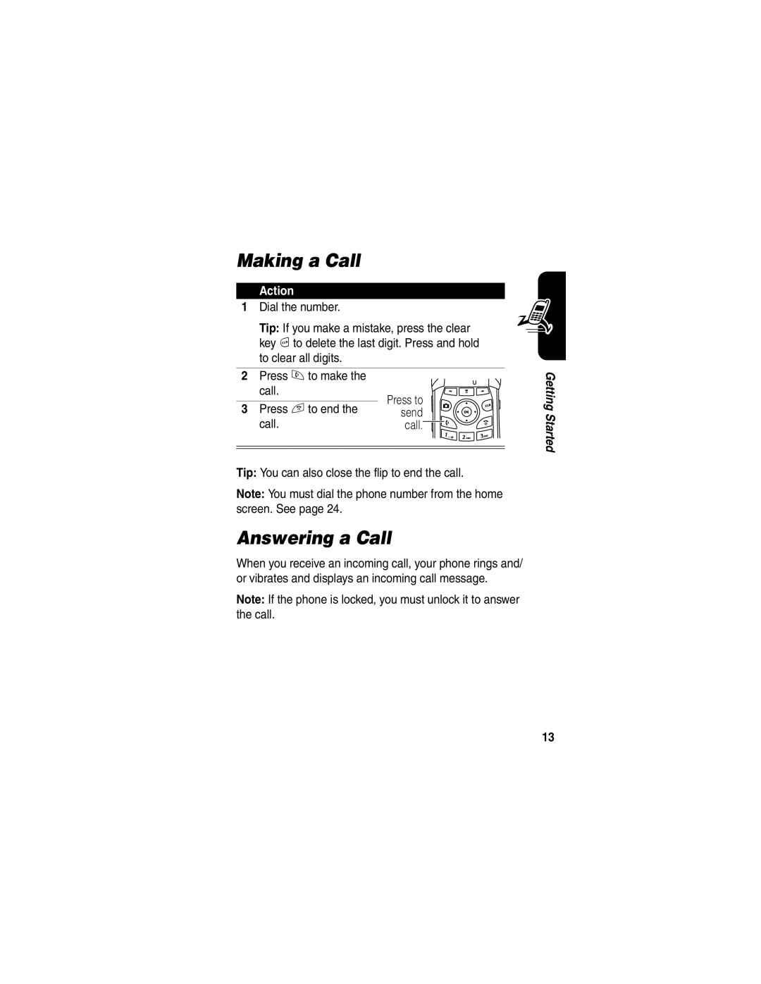 Motorola V265 manual Making a Call, Answering a Call, Tip You can also close the flip to end the call 