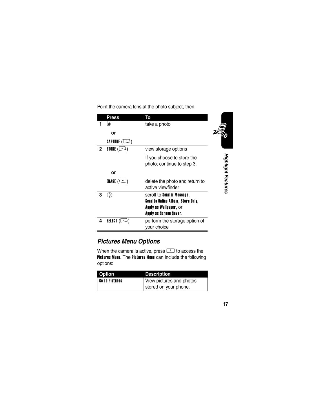 Motorola V265 manual Pictures Menu Options 