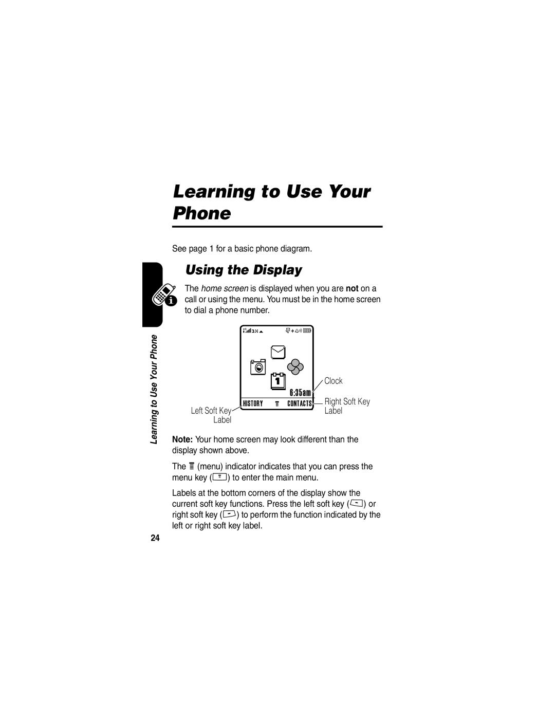 Motorola V265 manual Learning to Use Your Phone, Using the Display, See page 1 for a basic phone diagram, Clock, Label 