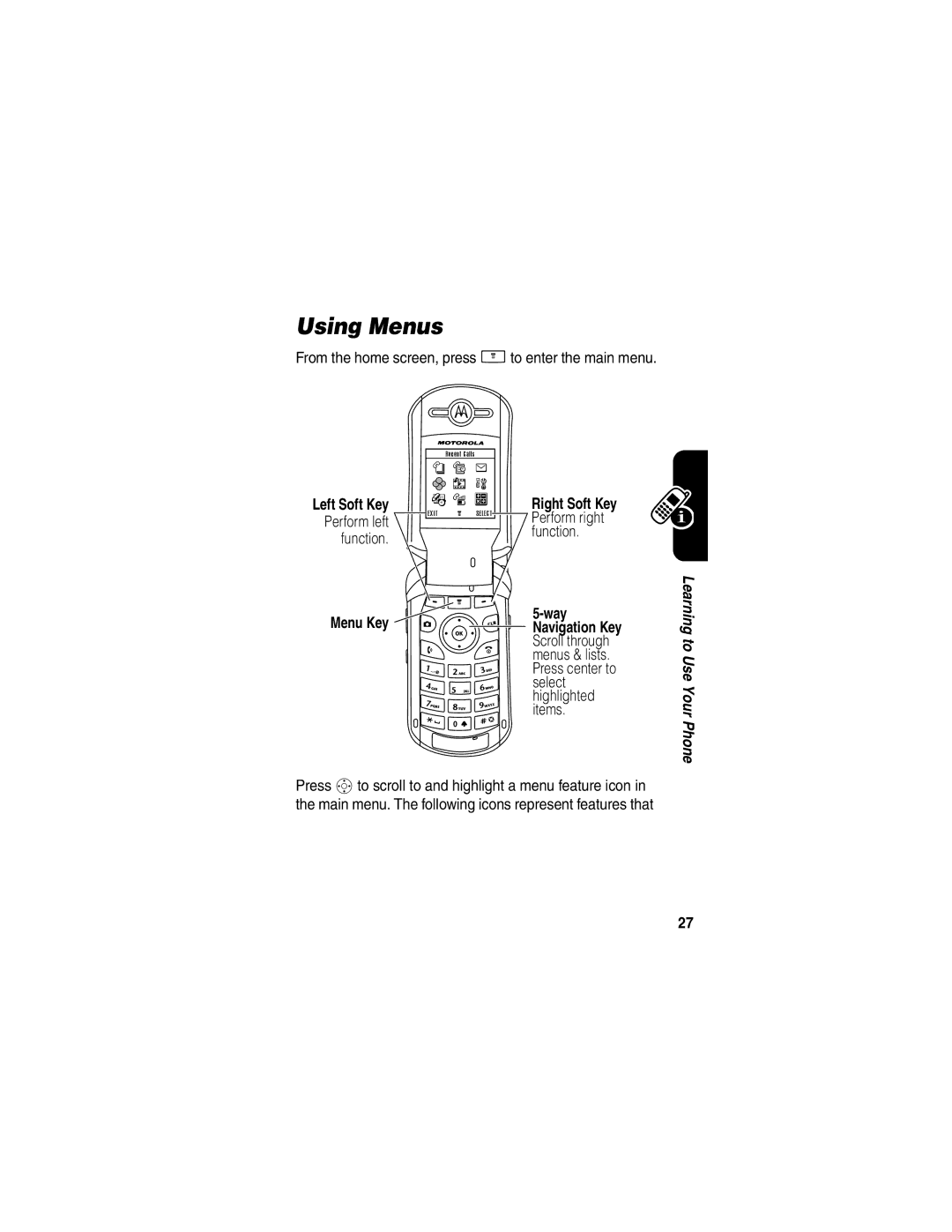 Motorola V265 manual Using Menus, From the home screen, press Mto enter the main menu, Menu Key 