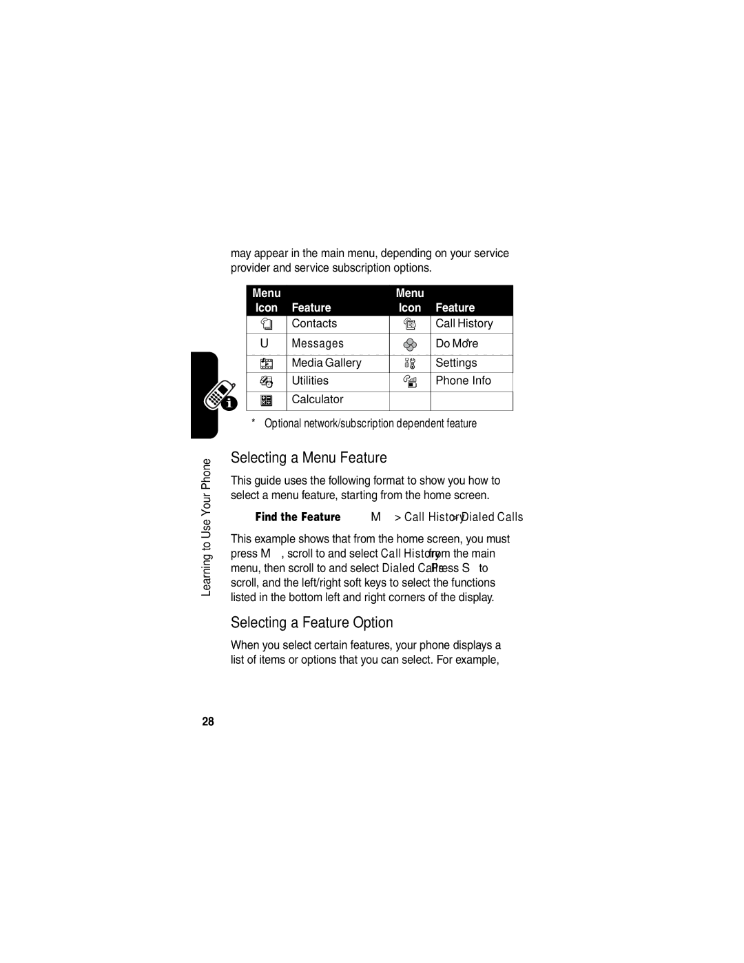 Motorola V265 manual Selecting a Menu Feature, Selecting a Feature Option, Optional network/subscription dependent feature 