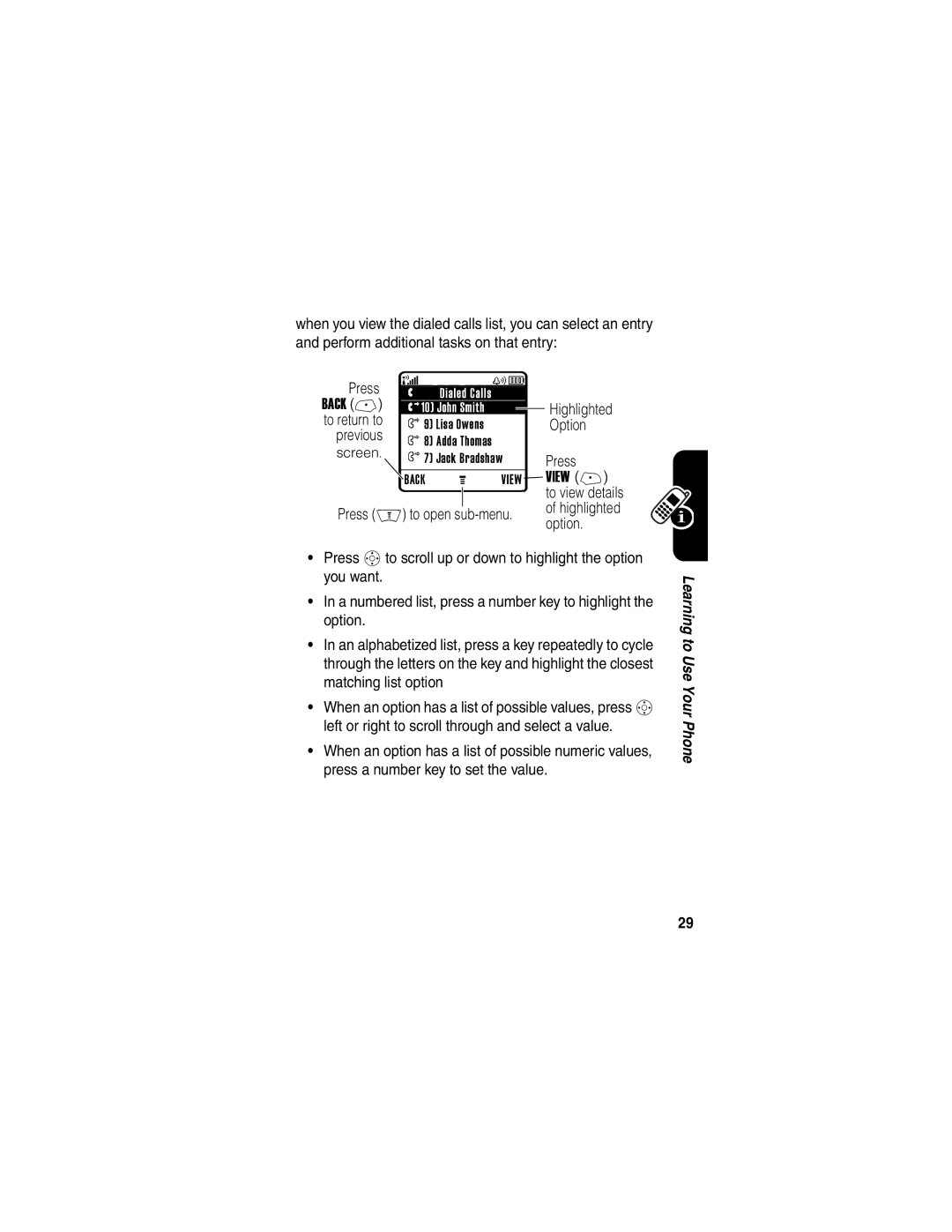 Motorola V265 manual Option, Previous 