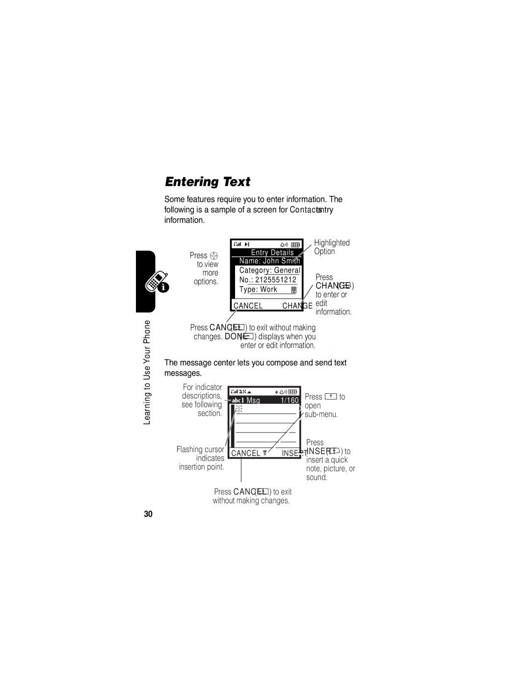 Motorola V265 manual Entering Text, Message center lets you compose and send text messages, Press Mto open sub-menu 