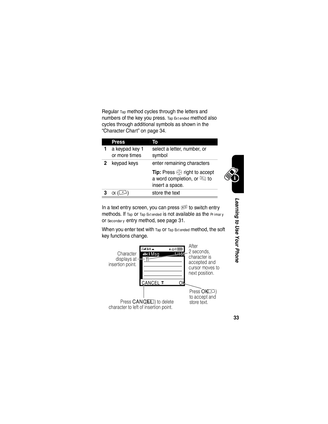 Motorola V265 manual Store the text, After, Seconds, Character is 