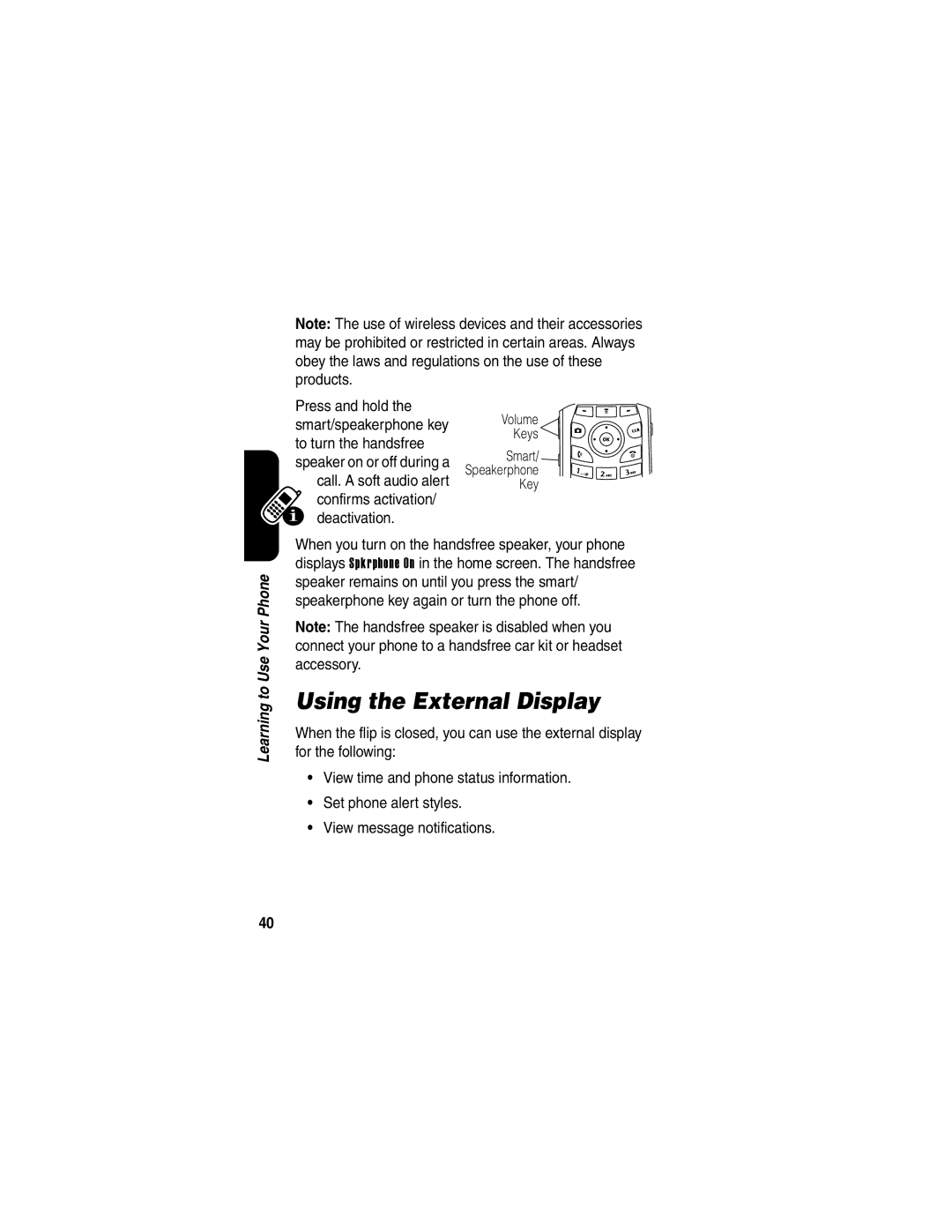 Motorola V265 manual Using the External Display 