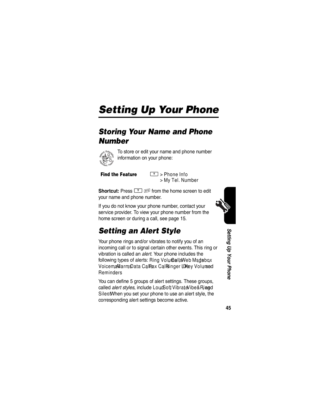 Motorola V265 manual Setting Up Your Phone, Storing Your Name and Phone Number, Setting an Alert Style 