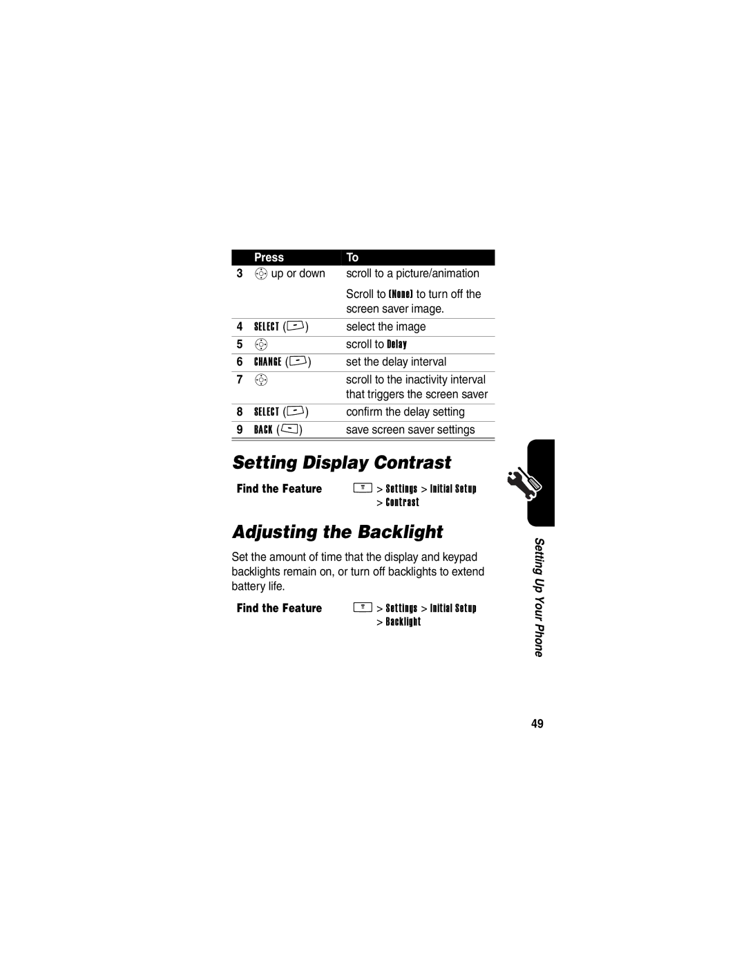 Motorola V265 manual Setting Display Contrast, Adjusting the Backlight 