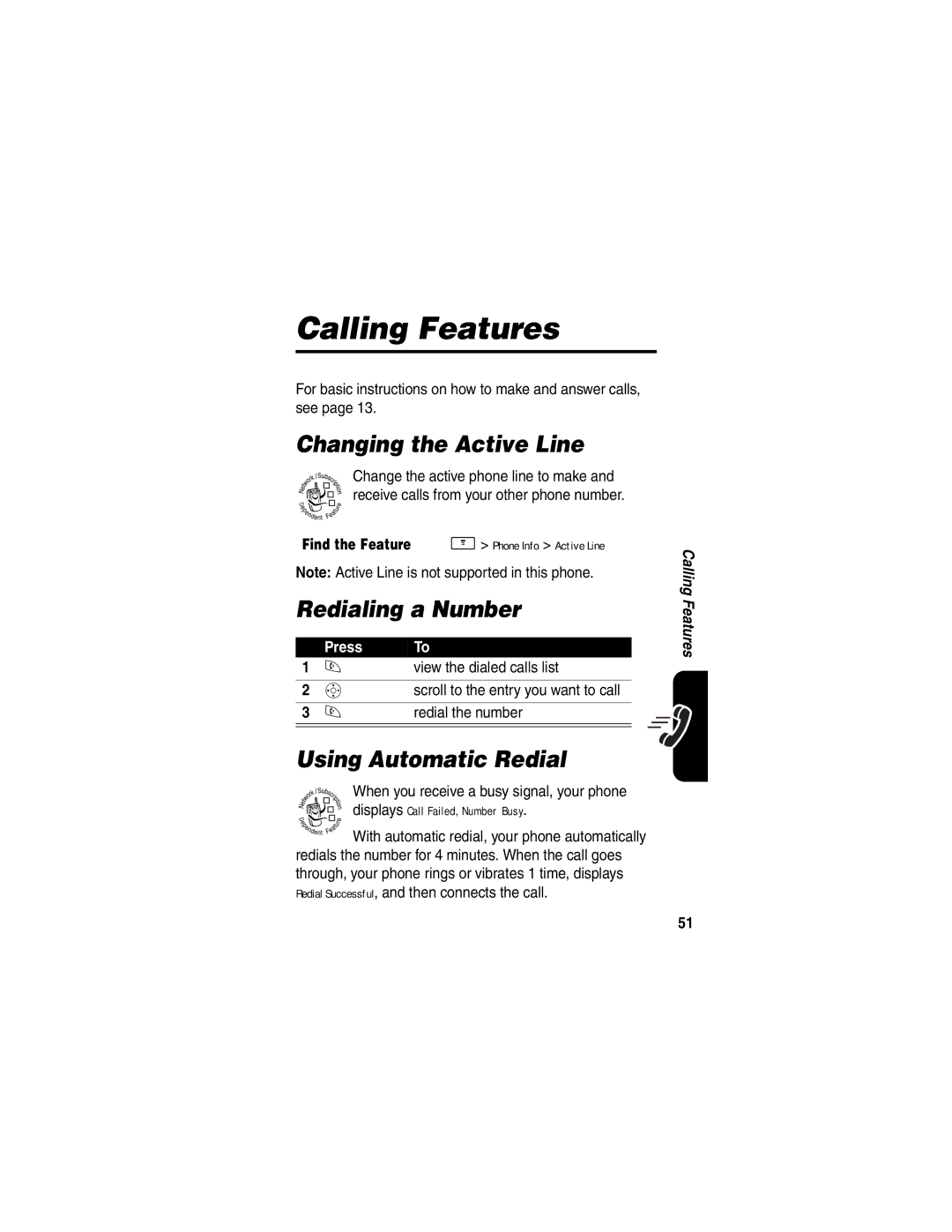 Motorola V265 manual Calling Features, Changing the Active Line, Redialing a Number, Using Automatic Redial 