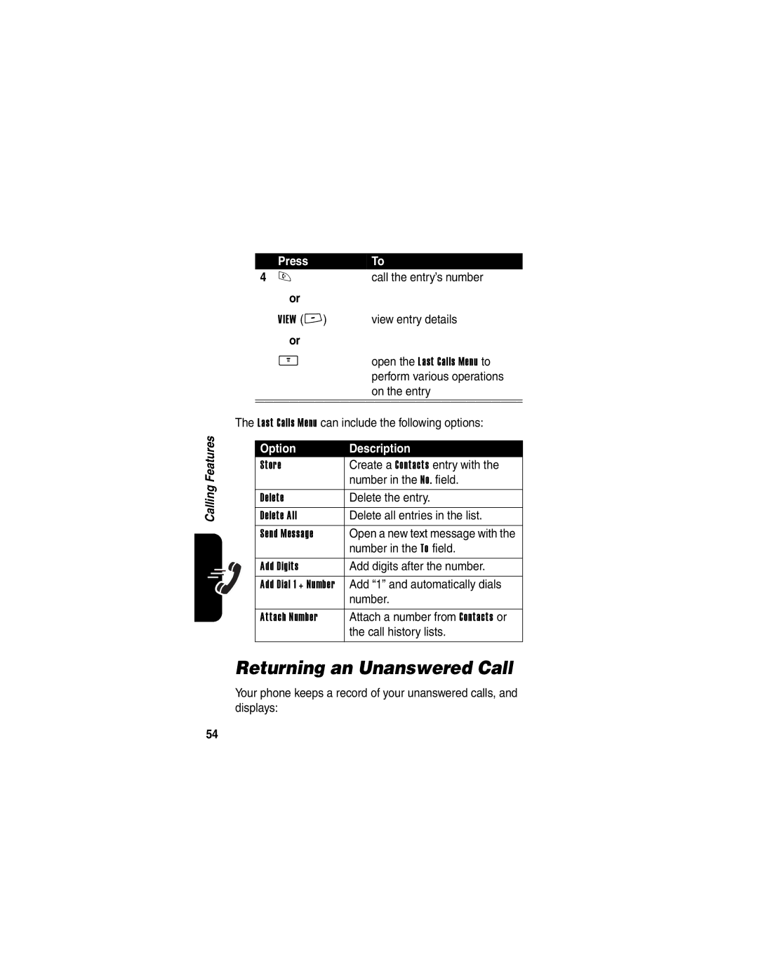 Motorola V265 manual Returning an Unanswered Call 