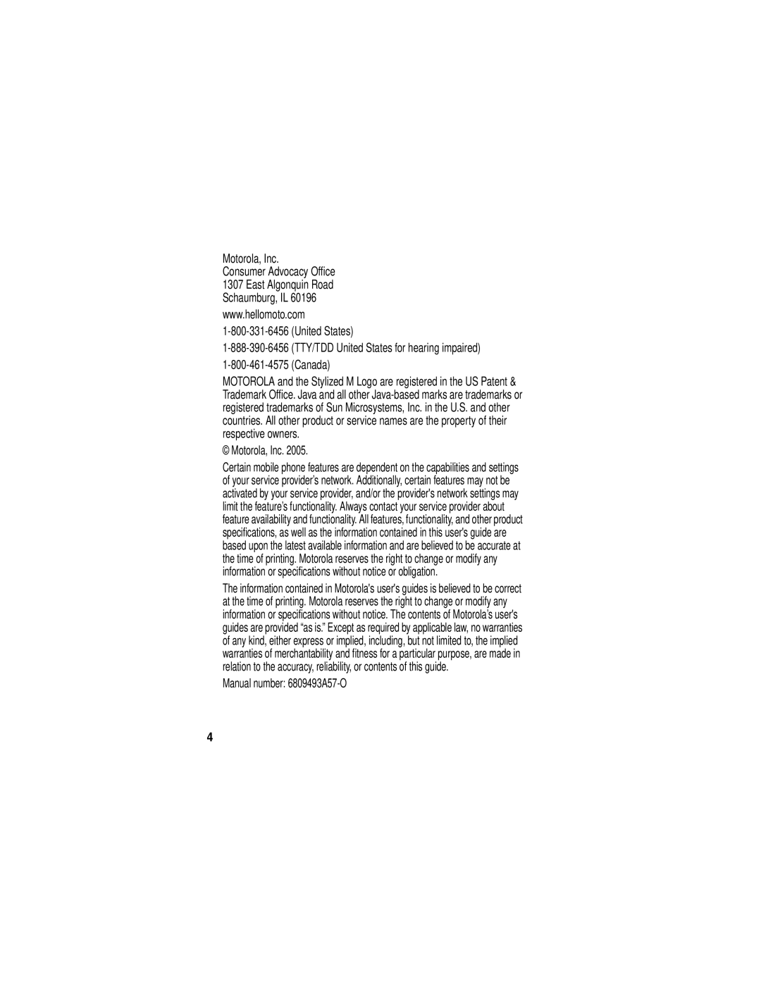 Motorola V265 manual Motorola, Inc Consumer Advocacy Office, United States Canada, Manual number 6809493A57-O 