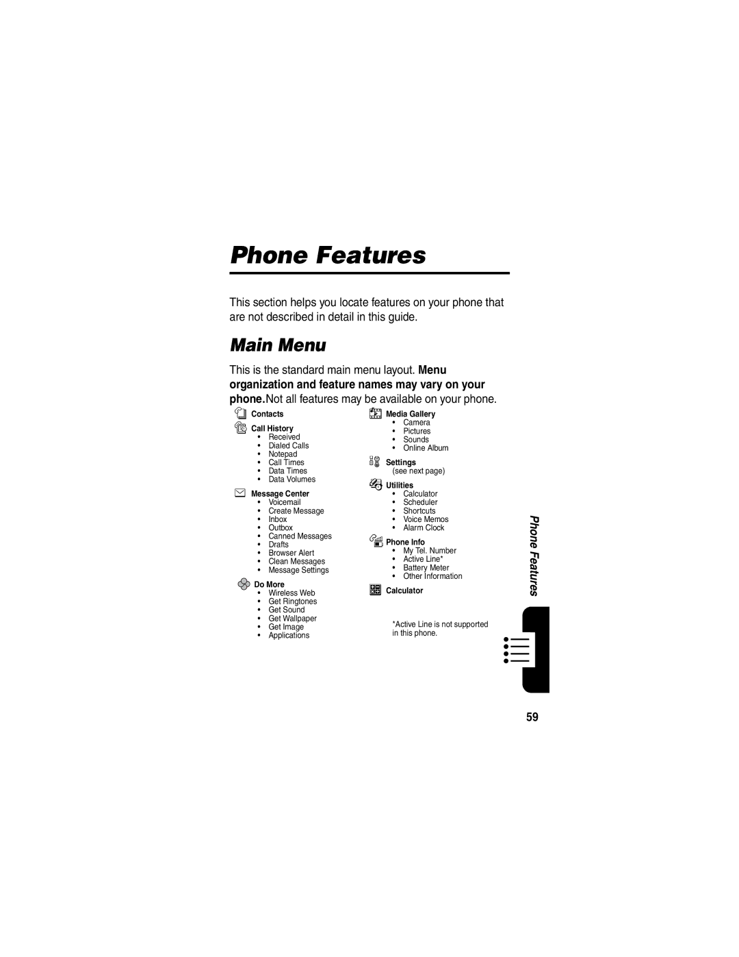 Motorola V265 manual Phone Features, Main Menu 