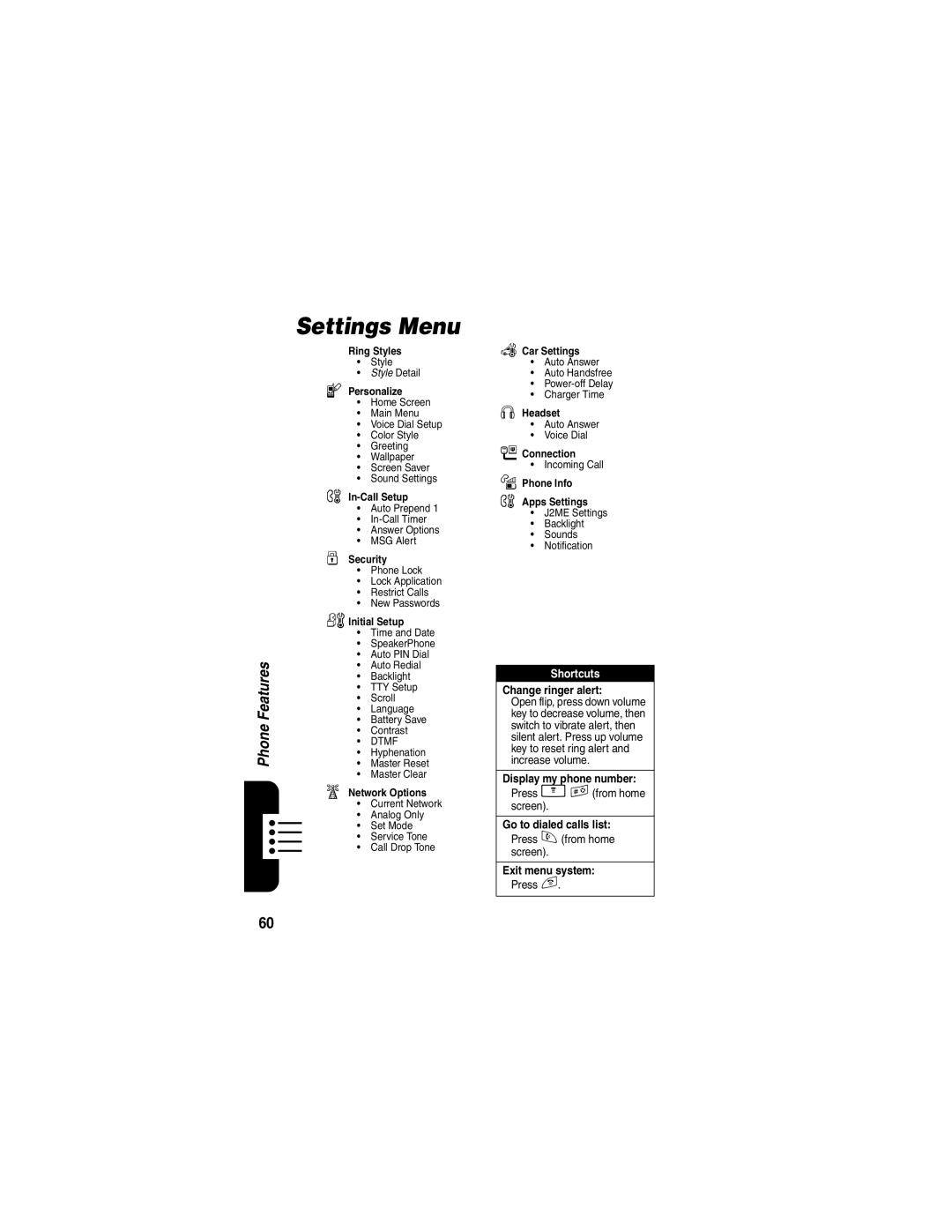 Motorola V265 manual Settings Menu, Personalize 