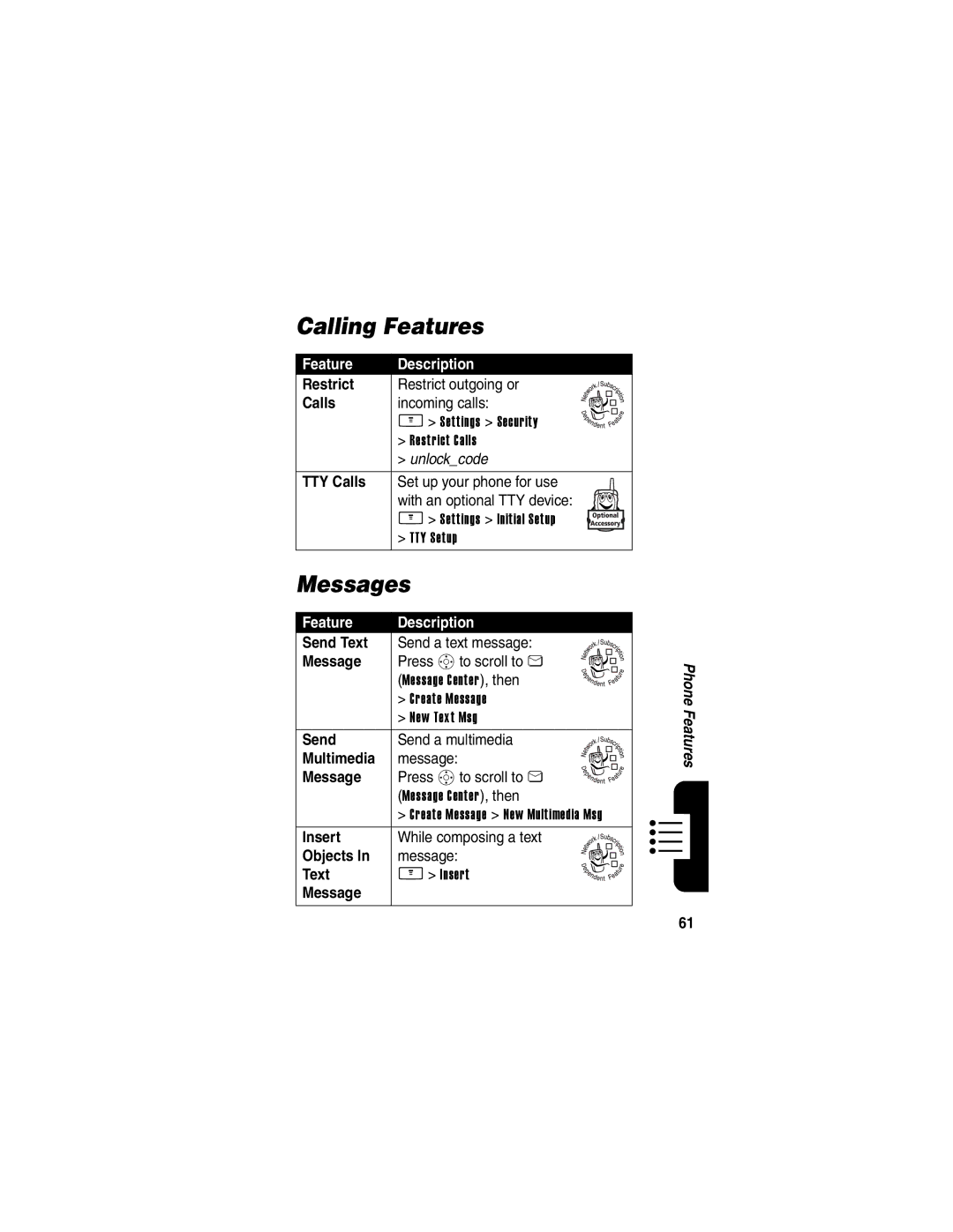 Motorola V265 manual Calling Features, Messages 