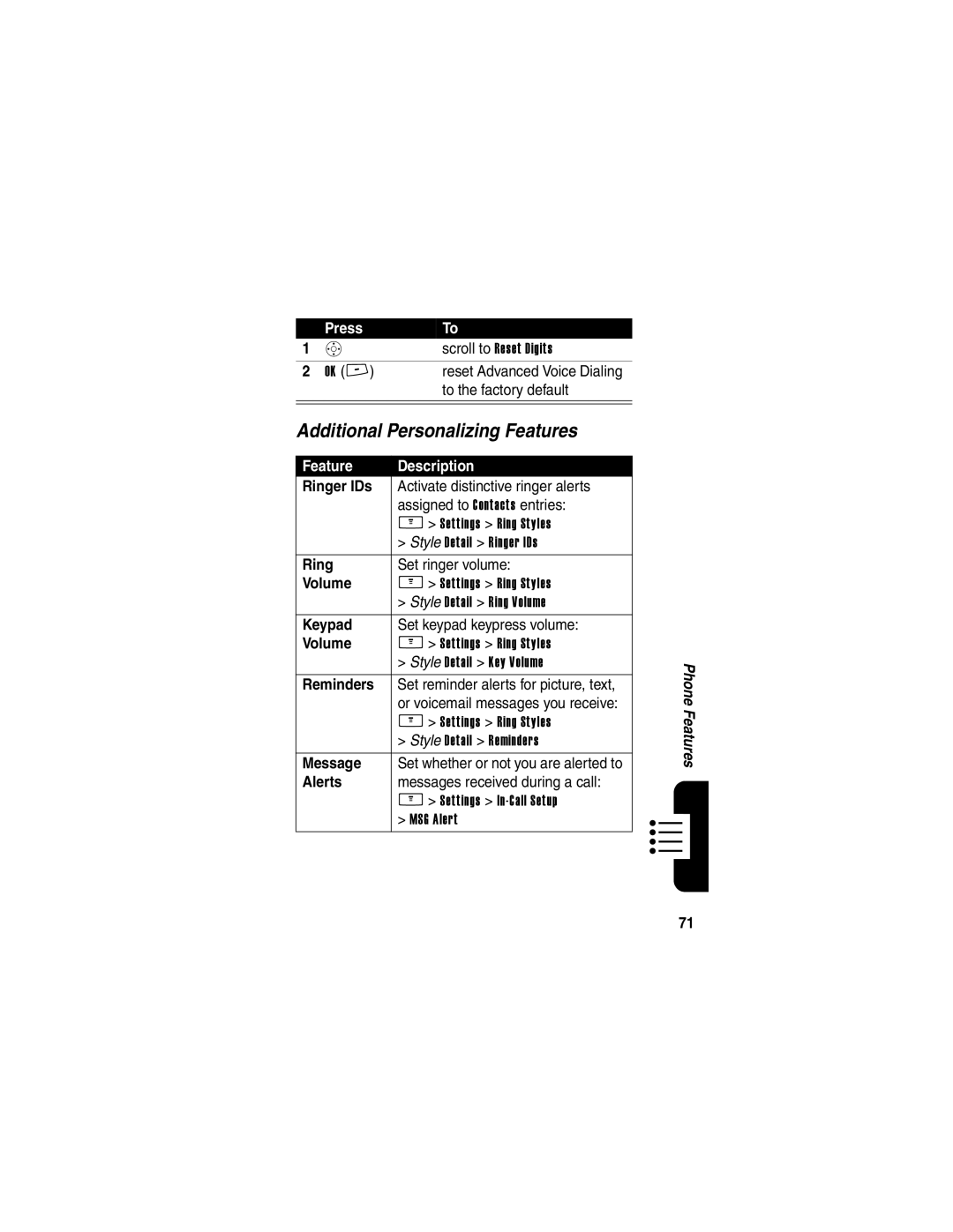 Motorola V265 manual Additional Personalizing Features 