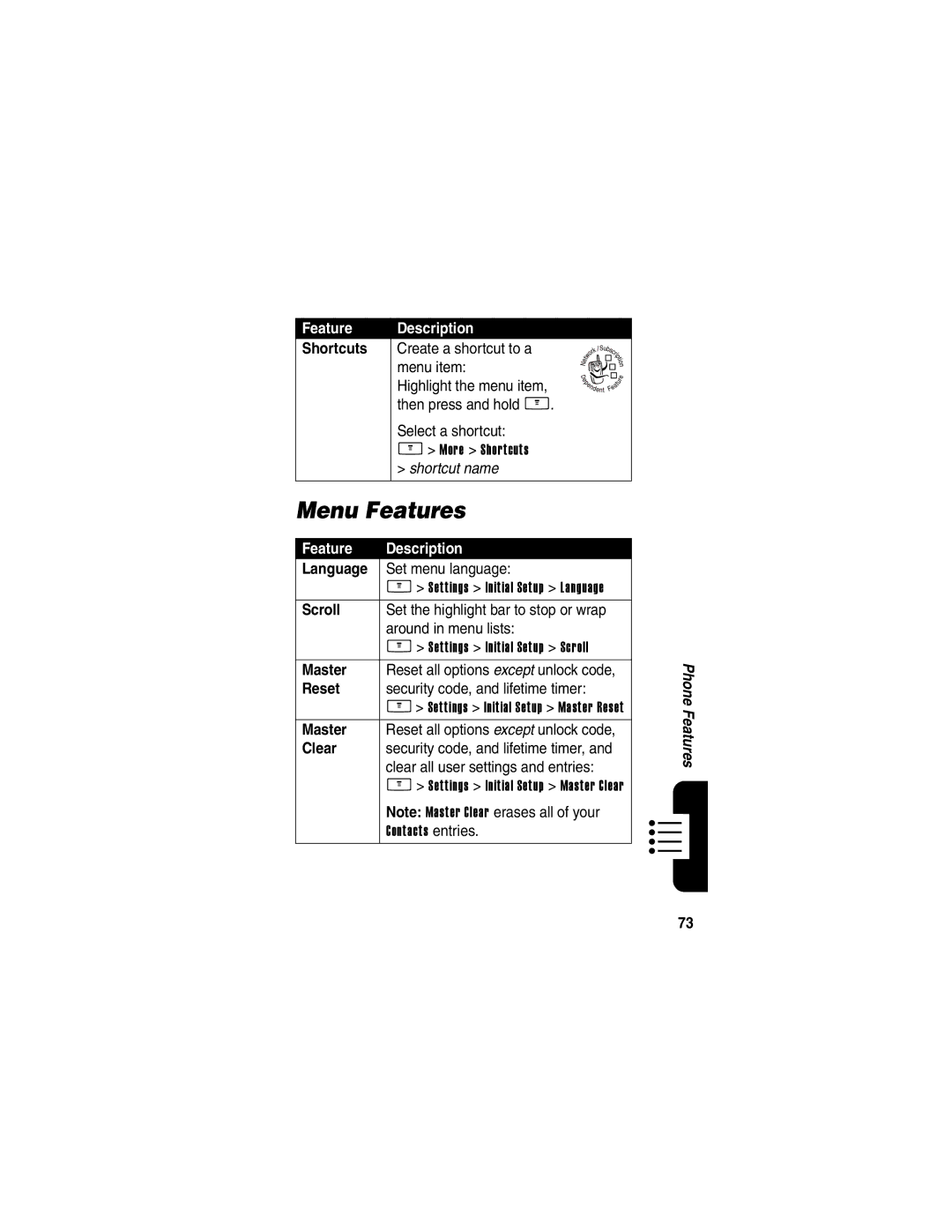 Motorola V265 manual Menu Features 