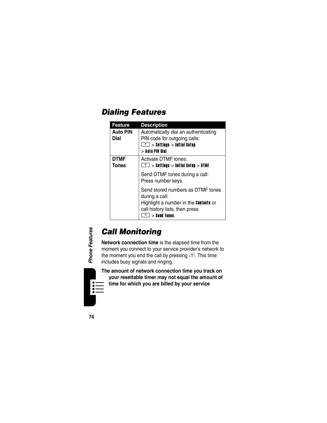 Motorola V265 manual Dialing Features, Call Monitoring, Auto PIN, Tones 