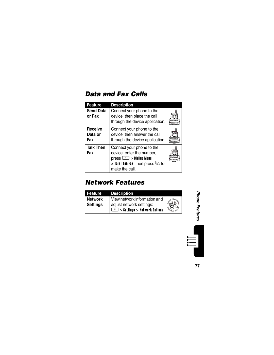 Motorola V265 manual Data and Fax Calls, Network Features 