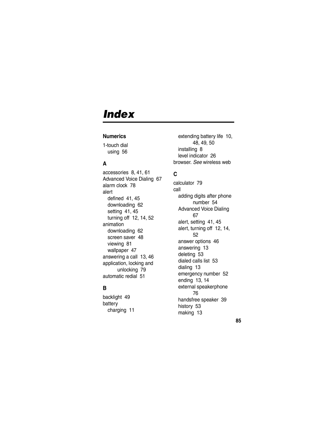 Motorola V265 manual Index, Calculator 79 call Adding digits after phone 