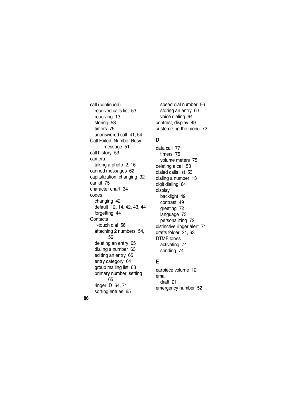 Motorola V265 manual Call received calls list 53 receiving 13 storing Timers 