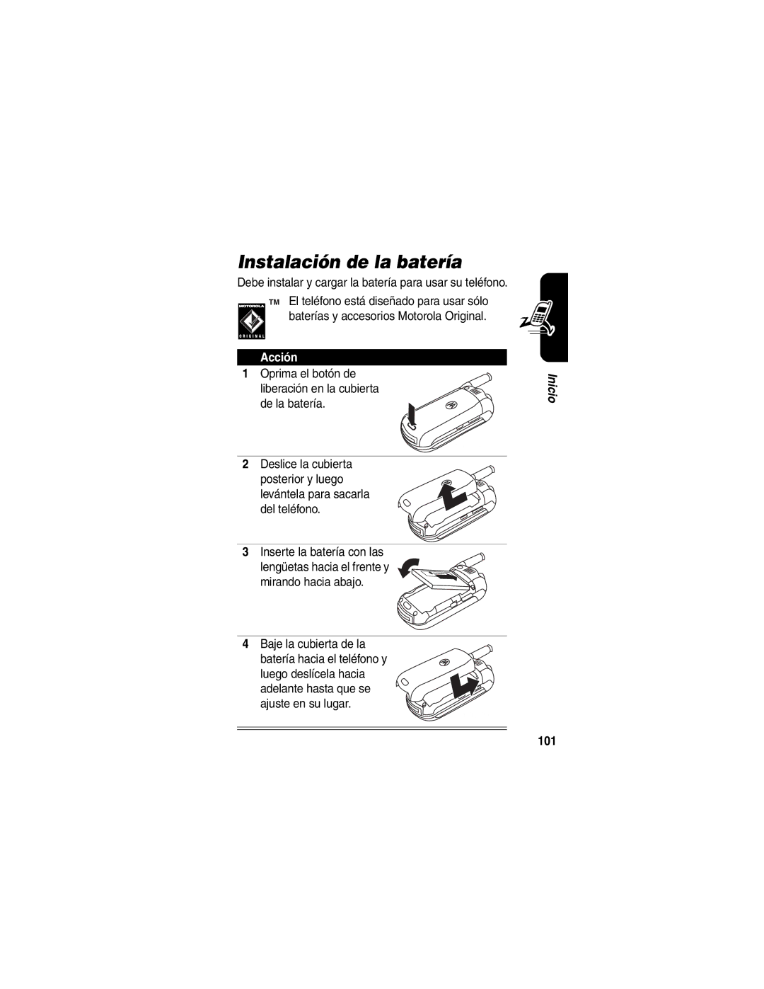 Motorola V266 manual Instalación de la batería, Debe instalar y cargar la batería para usar su teléfono, 101 