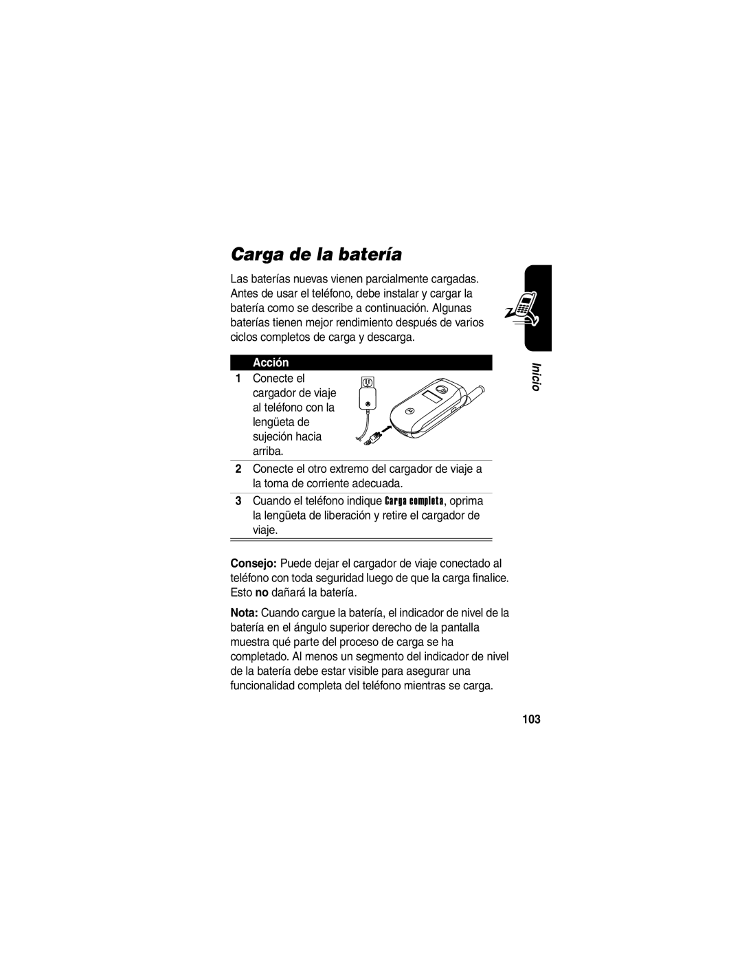 Motorola V266 manual Carga de la batería, 103 