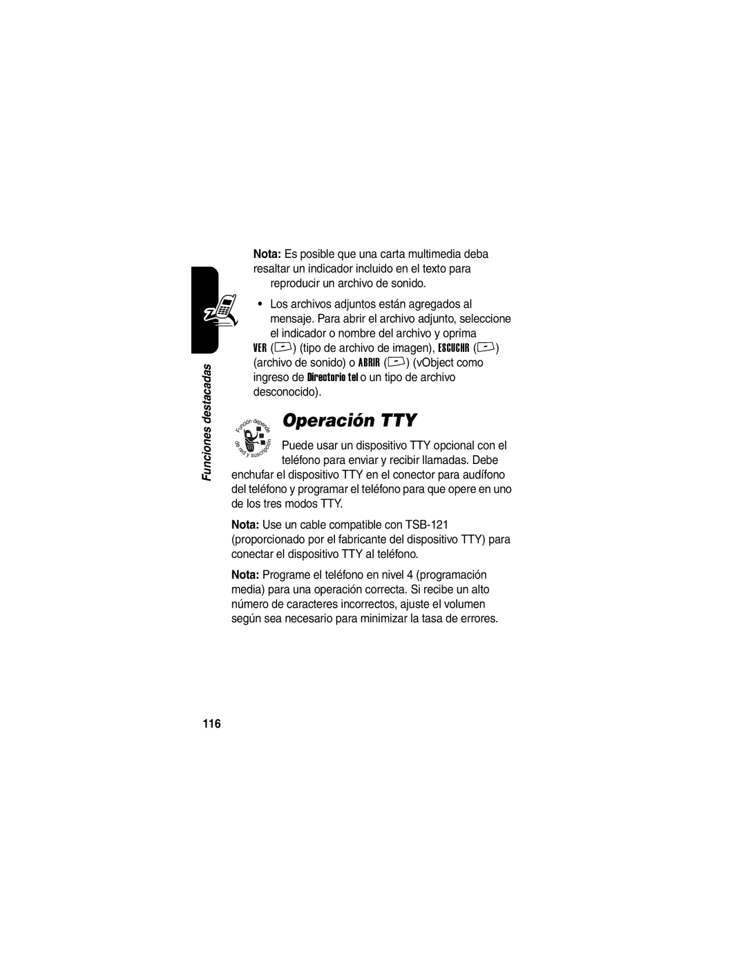 Motorola V266 manual Operación TTY, Reproducir un archivo de sonido, 116 