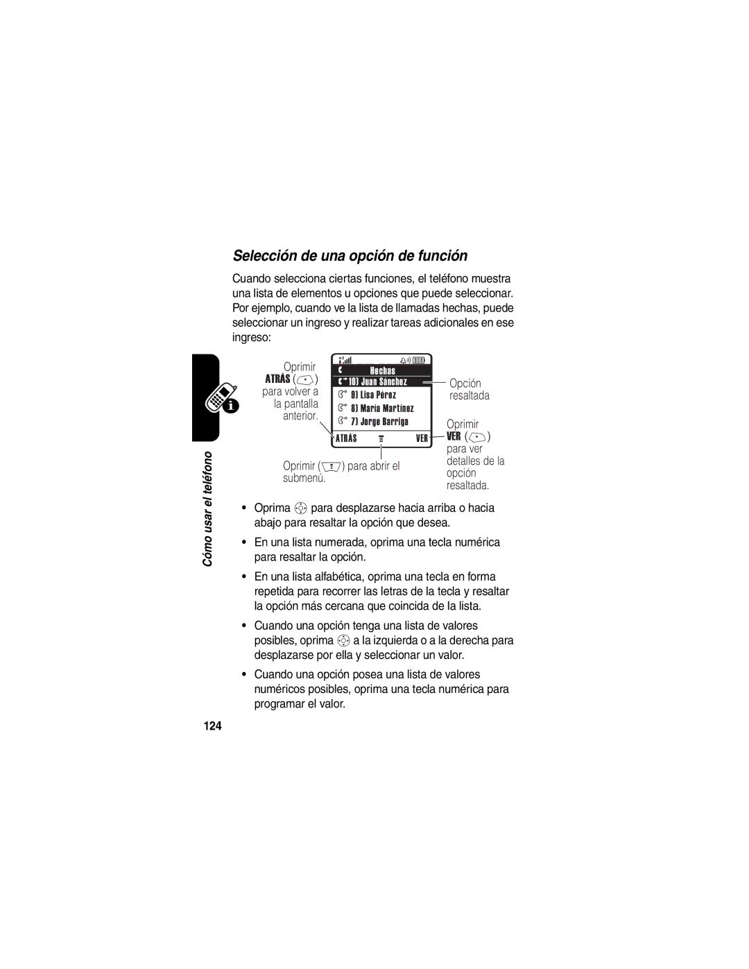 Motorola V266 manual Selección de una opción de función, 124 