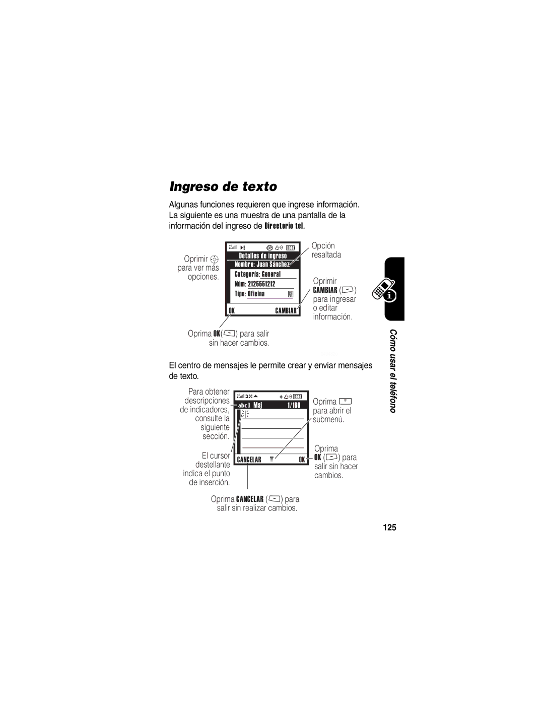 Motorola V266 manual Ingreso de texto, 125 