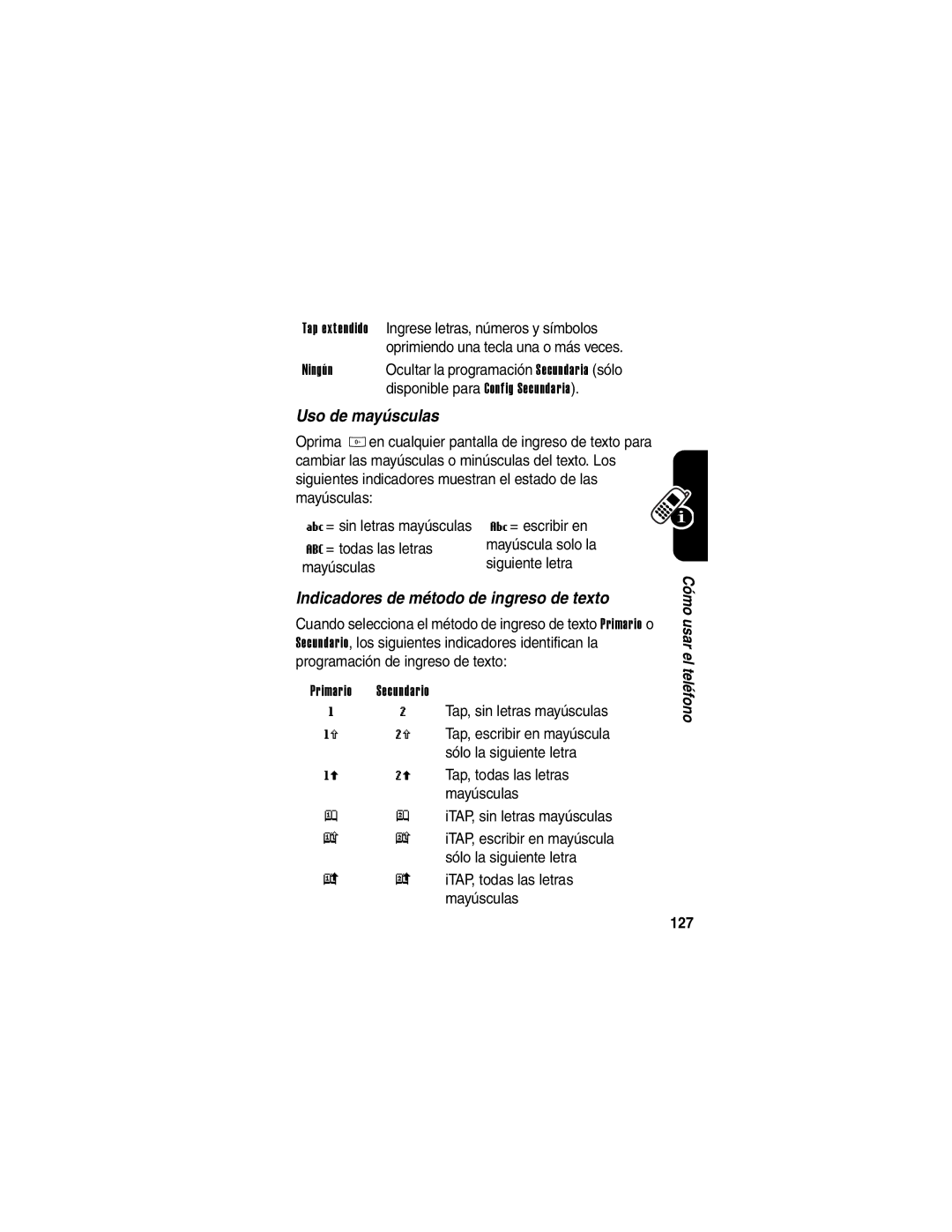 Motorola V266 manual Uso de mayúsculas, Indicadores de método de ingreso de texto, 127 