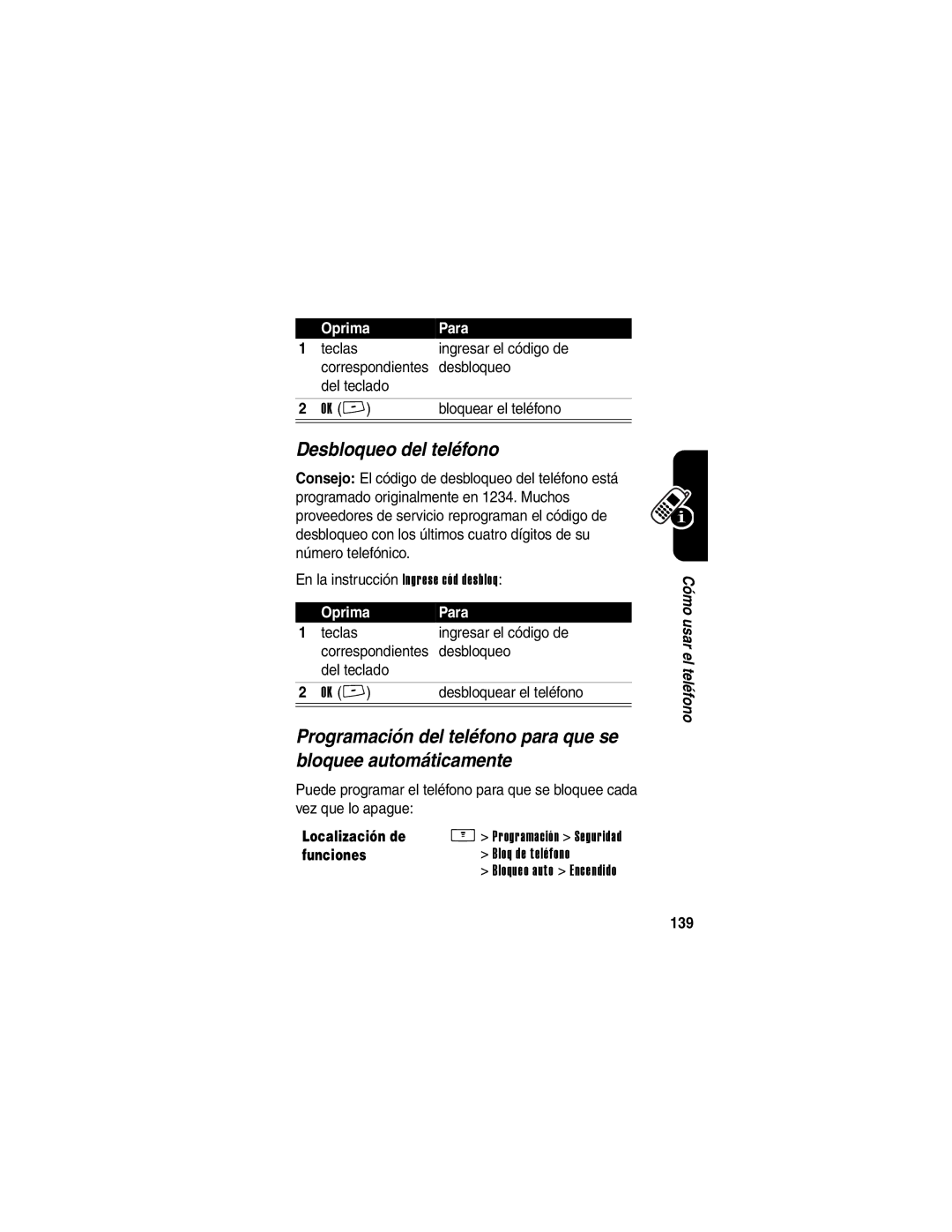 Motorola V266 manual Desbloqueo del teléfono, Bloquear el teléfono, Desbloquear el teléfono, 139 