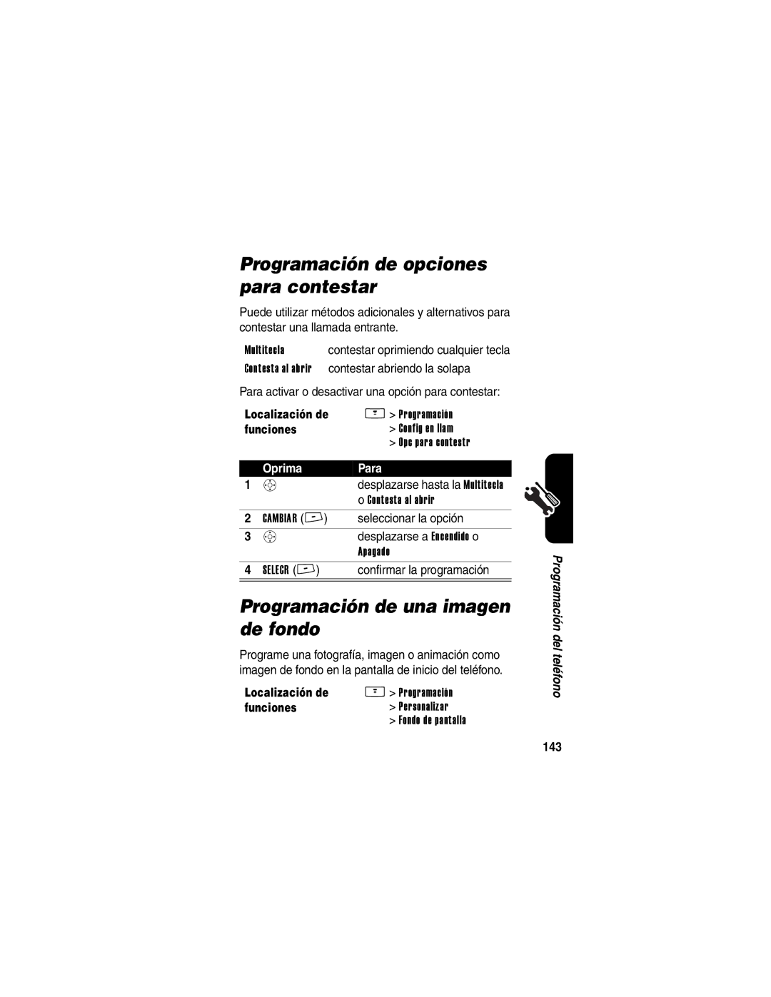 Motorola V266 manual Programación de opciones para contestar, Programación de una imagen de fondo, 143 