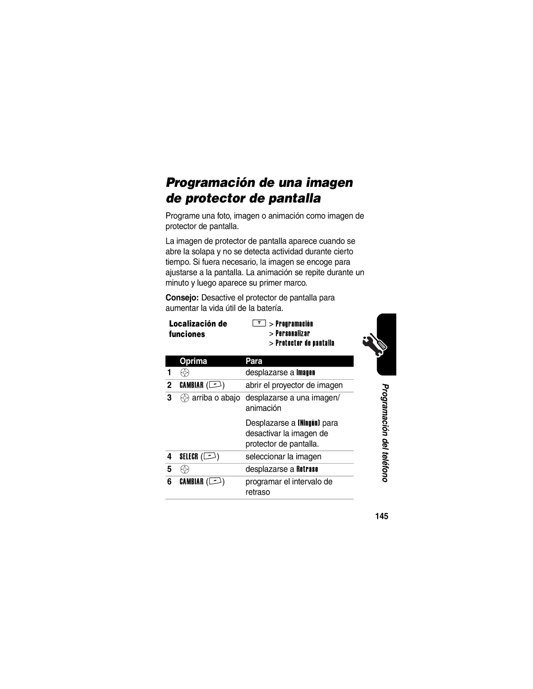 Motorola V266 Programación de una imagen de protector de pantalla, Desplazarse a Retraso, Programar el intervalo de, 145 