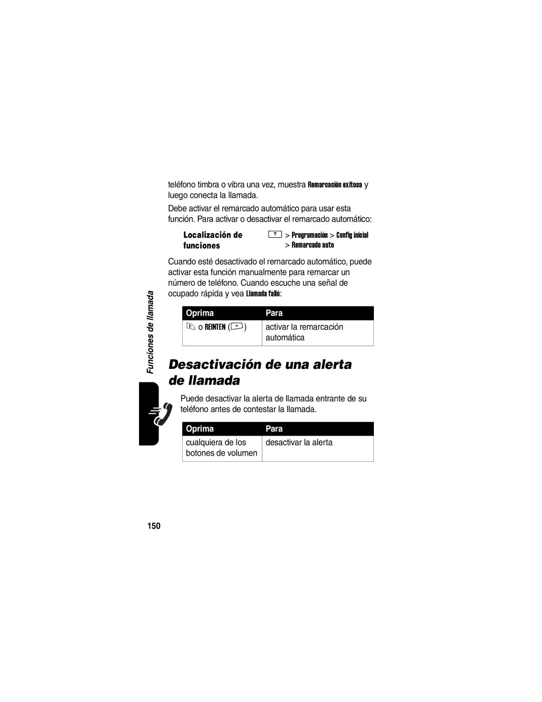 Motorola V266 manual Desactivación de una alerta de llamada, Activar la remarcación, Automática, 150 