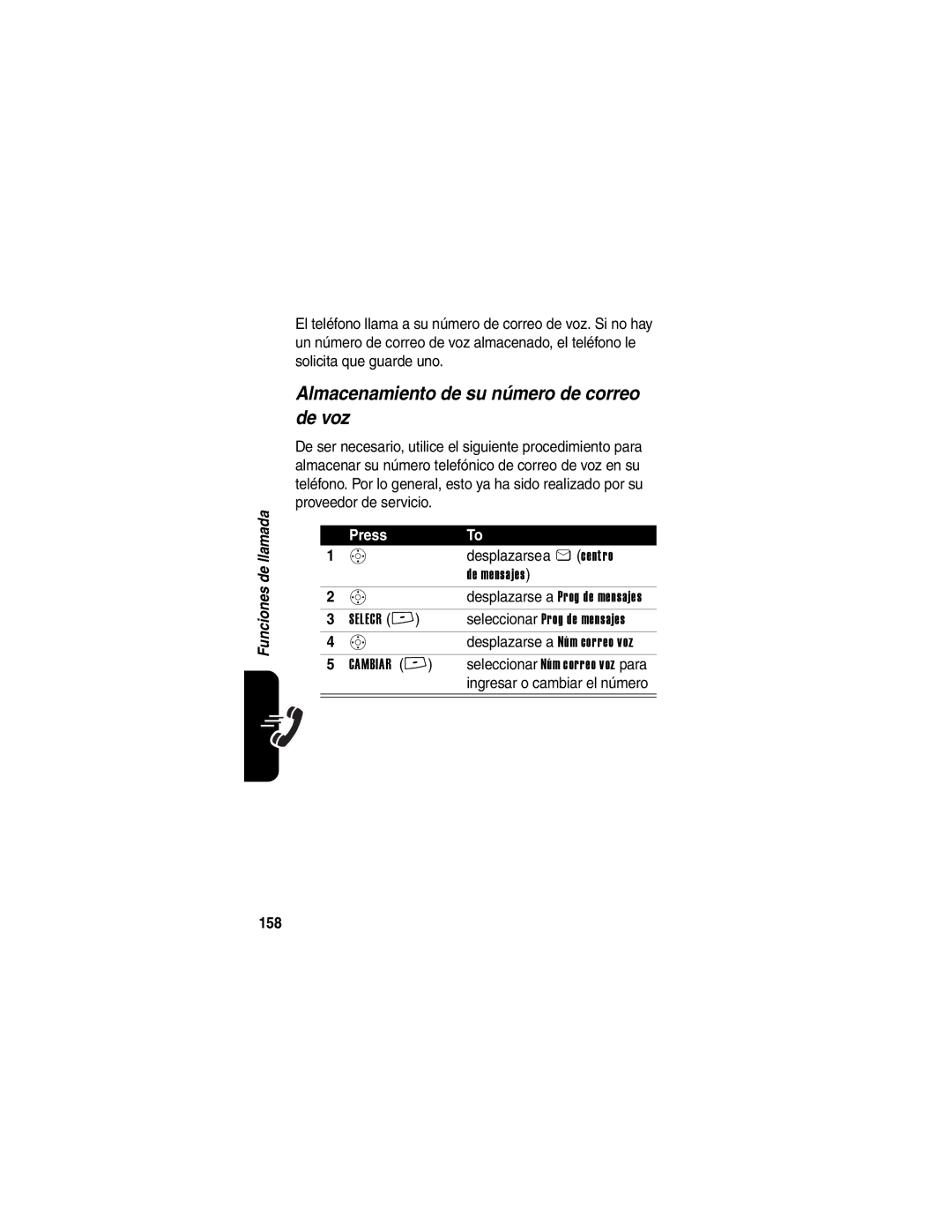 Motorola V266 manual Almacenamiento de su número de correo de voz, Desplazarse a Núm correo voz, 158 