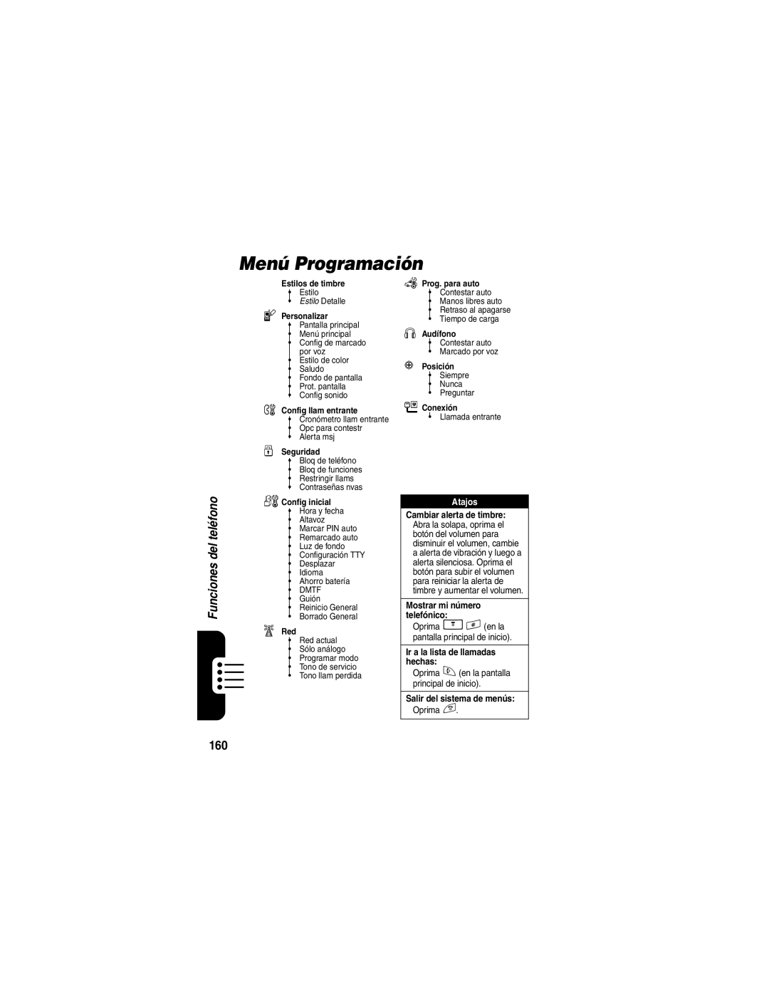 Motorola V266 manual Menú Programación, 160 