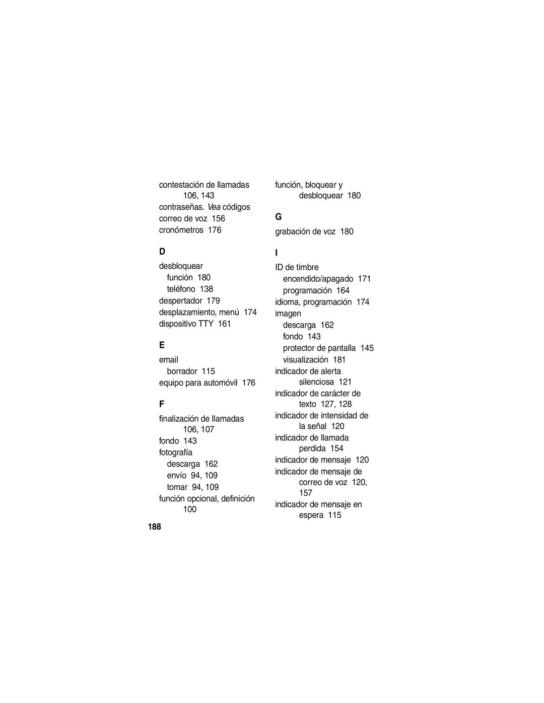 Motorola V266 manual Indicador de intensidad de, Correo de voz 120 Indicador de mensaje en espera, 188 