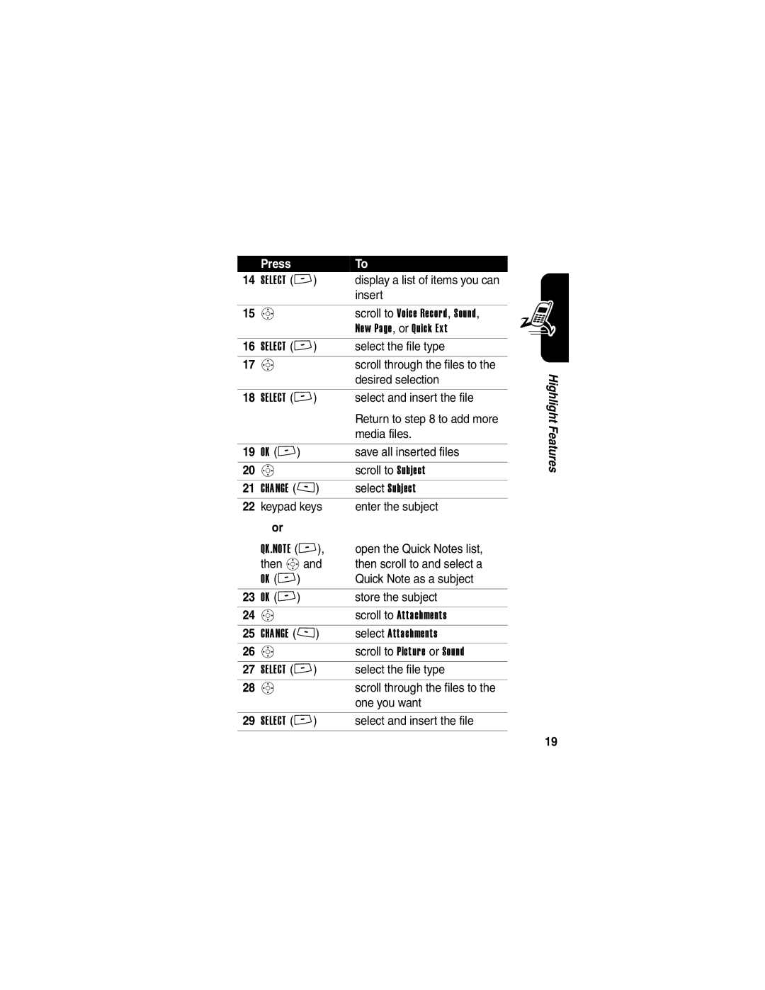 Motorola V266 Select the file type, Desired selection, Select and insert the file, Media files, Save all inserted files 