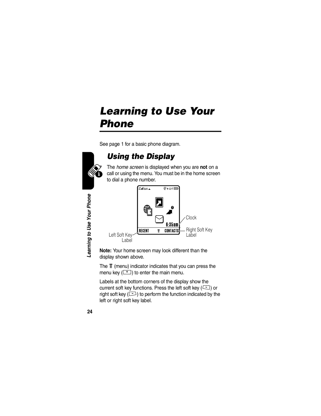 Motorola V266 manual Learning to Use Your Phone, Using the Display, See page 1 for a basic phone diagram, Label 