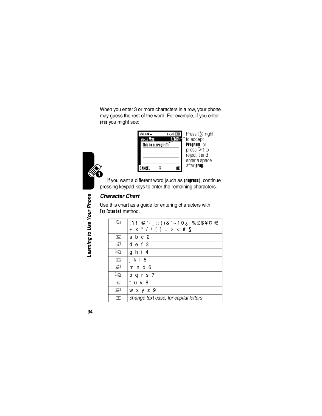 Motorola V266 manual Character Chart, Press Sright 