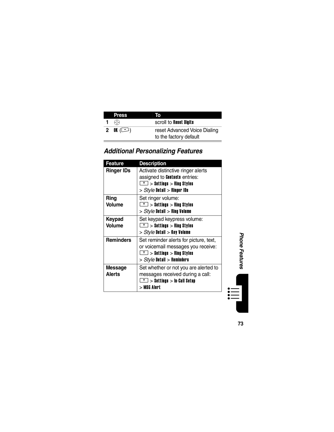 Motorola V266 manual Additional Personalizing Features 