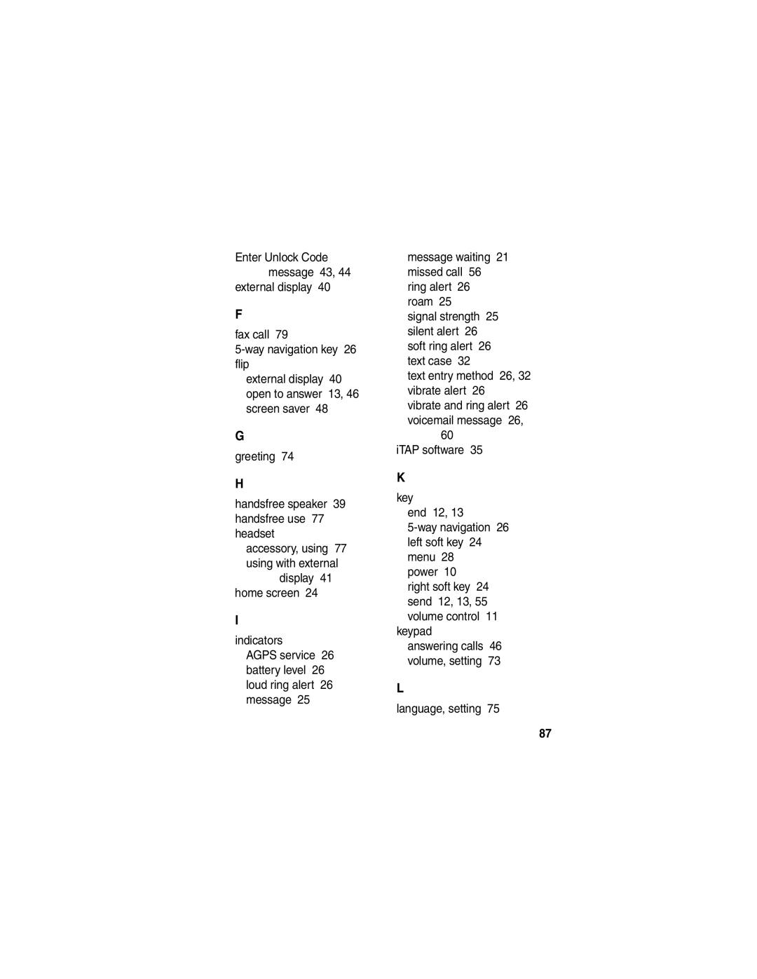 Motorola V266 manual Accessory, using 77 using with external 